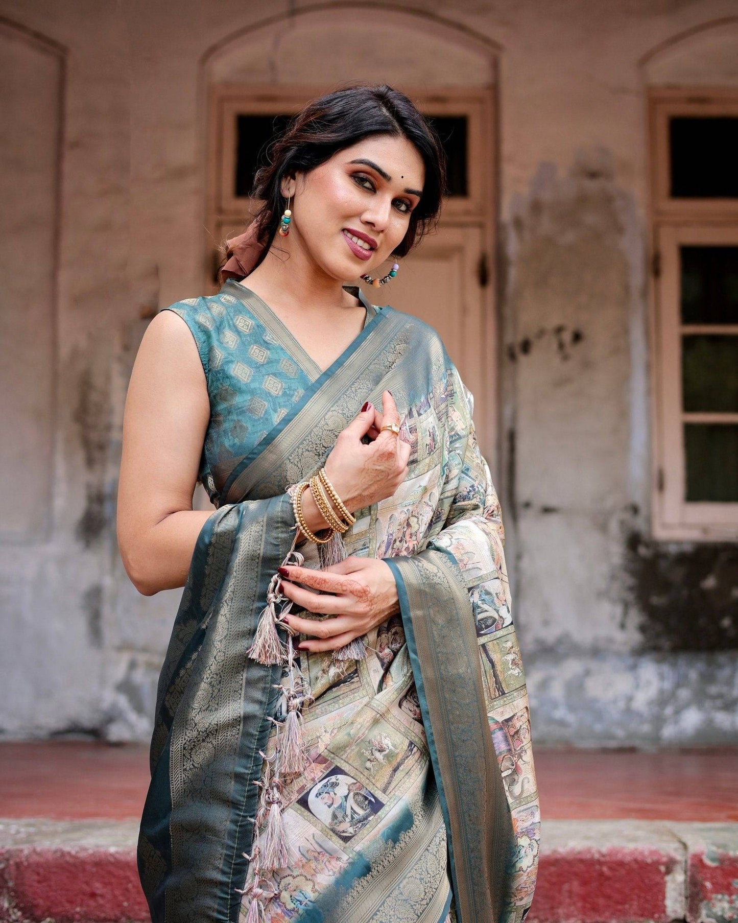 Graceful Teal Banarasi Silk Saree with Digital Vintage Prints and Zari Weaving