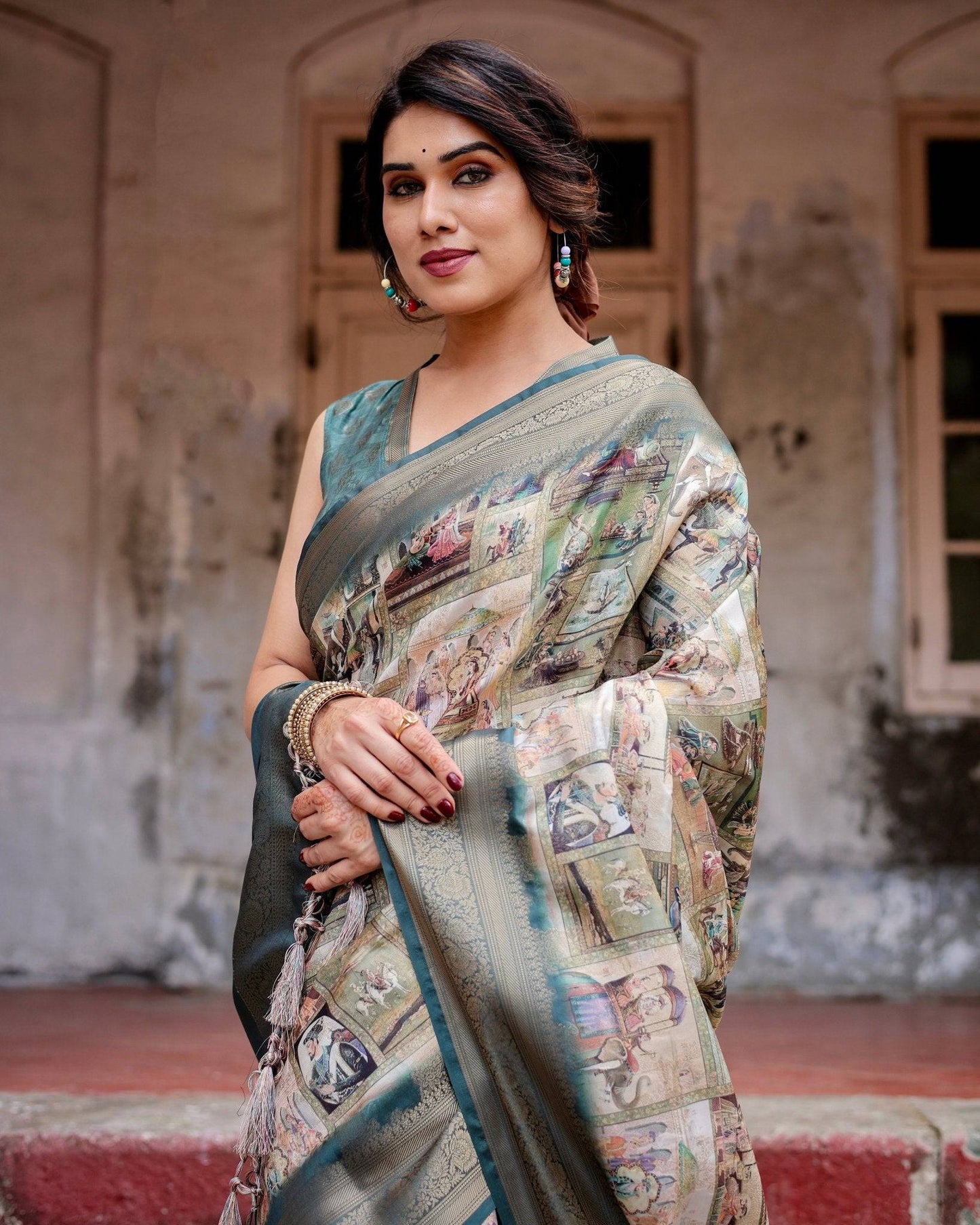 Graceful Teal Banarasi Silk Saree with Digital Vintage Prints and Zari Weaving