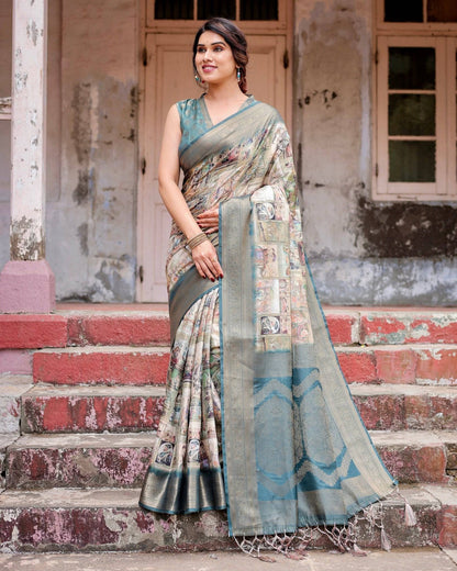 Graceful Teal Banarasi Silk Saree with Digital Vintage Prints and Zari Weaving