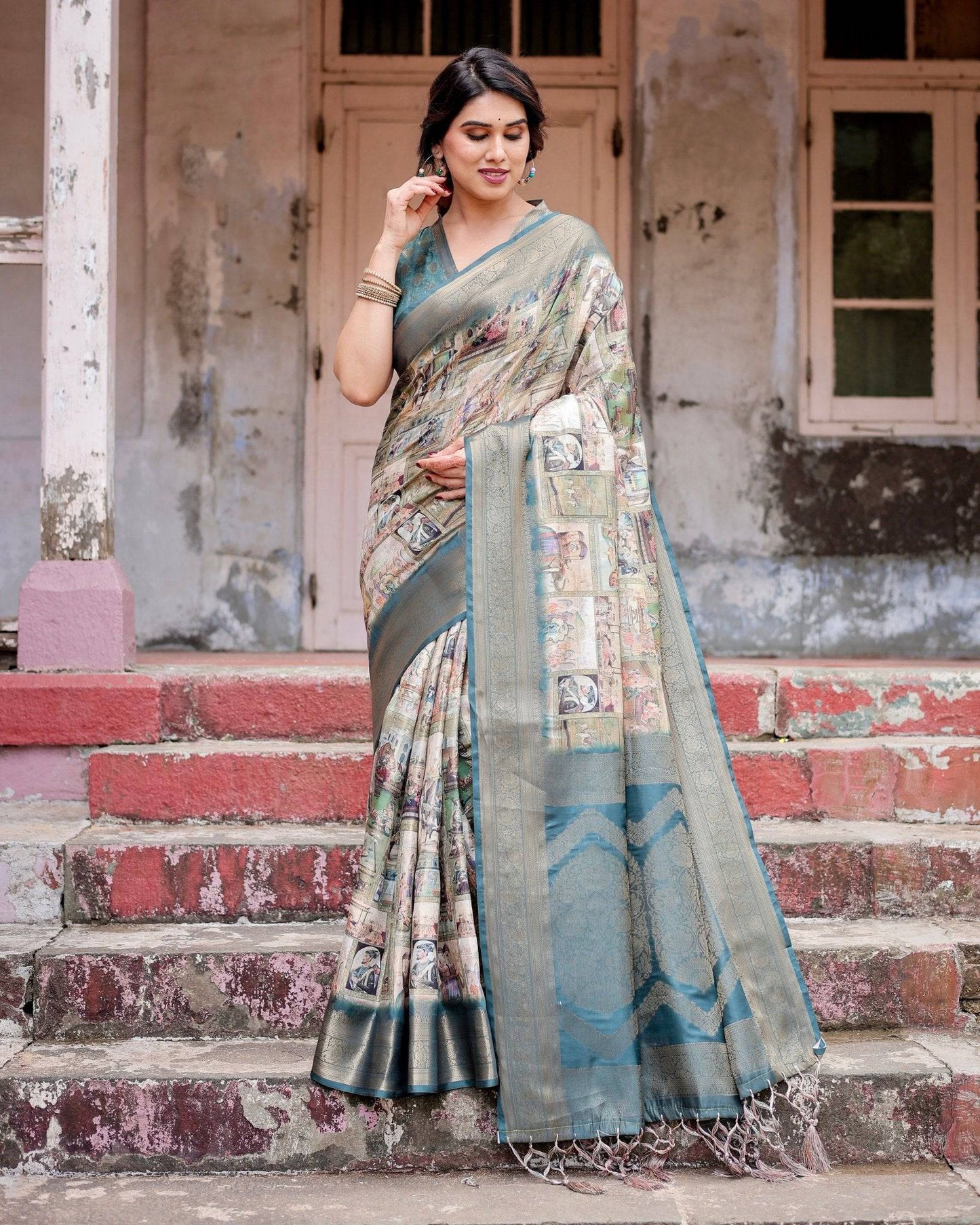 Graceful Teal Banarasi Silk Saree with Digital Vintage Prints and Zari Weaving