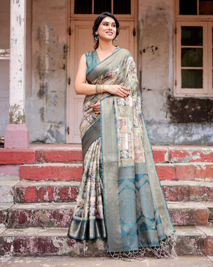 Graceful Teal Banarasi Silk Saree with Digital Vintage Prints and Zari Weaving