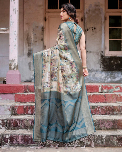 Graceful Teal Banarasi Silk Saree with Digital Vintage Prints and Zari Weaving