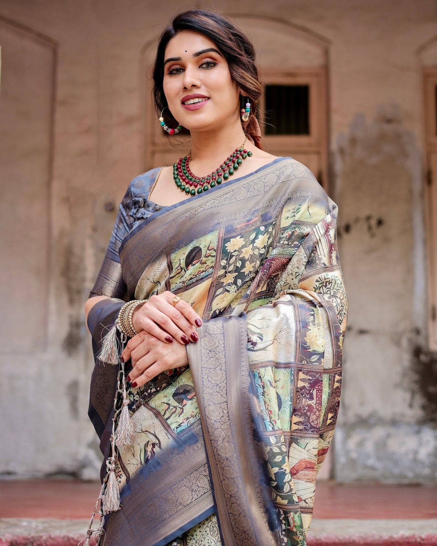 Banarasi Silk Saree in Beige with Multicolor Paisley and Floral Design