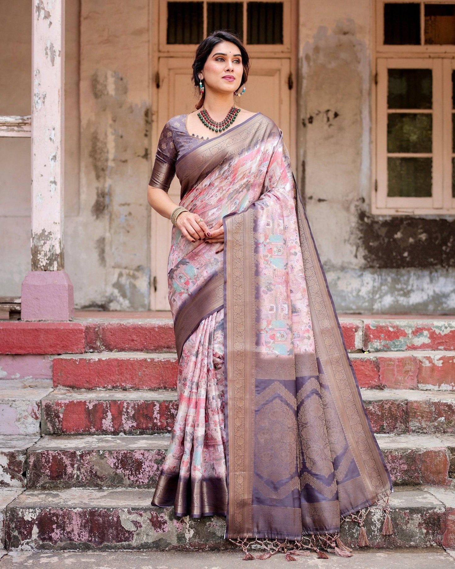 Graceful Lavender Banarasi Silk Saree with Regal Zari Weave and Tassel Detailing