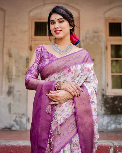 Graceful Lavender Banarasi Silk Saree with Floral Design and Zari Woven Border