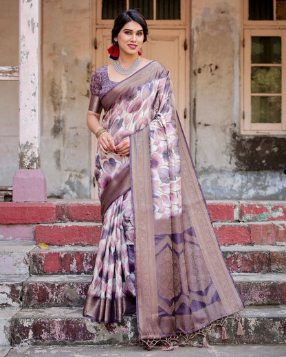 Elegant Purple Floral Banarasi Silk Saree with Intricate Zari Weave and Tassels