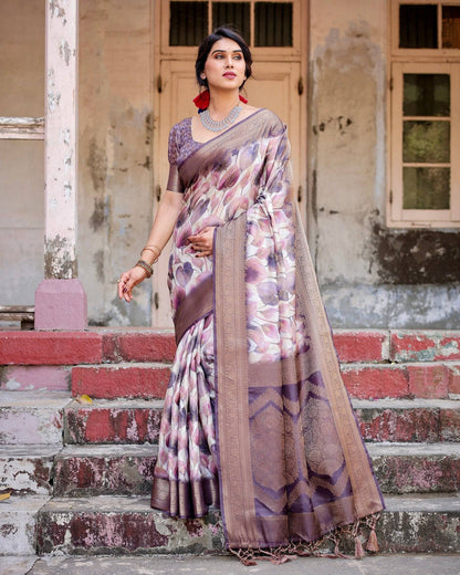 Elegant Purple Floral Banarasi Silk Saree with Intricate Zari Weave and Tassels