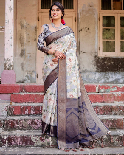 Elegant Gray Banarasi Silk Saree with Navy Blue Zari Weave, Floral Design, and Tassels