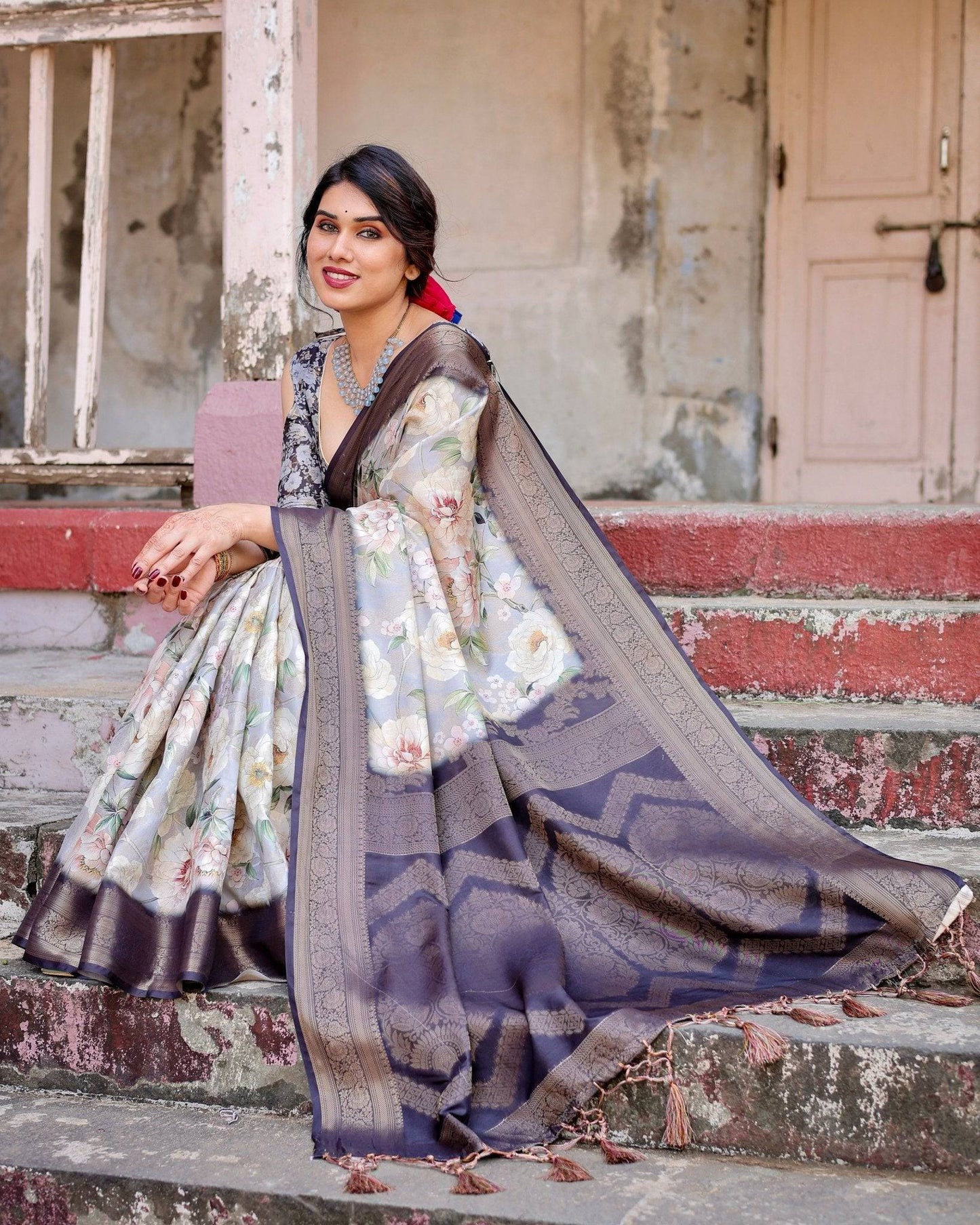 Elegant Gray Banarasi Silk Saree with Navy Blue Zari Weave, Floral Design, and Tassels