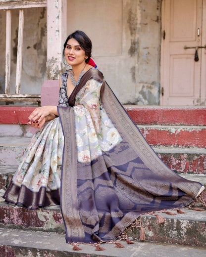 Elegant Gray Banarasi Silk Saree with Navy Blue Zari Weave, Floral Design, and Tassels