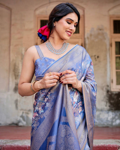 Majestic Blue Banarasi Silk Saree with Delicate Floral Zari Work and Tassel-Embellished Pallu