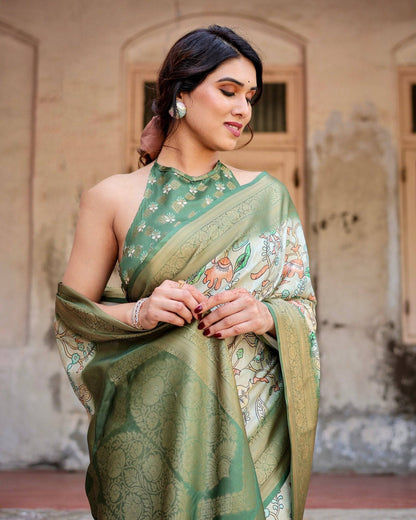 Timeless Green Banarasi Silk Saree with Zari Weaving and Tassels