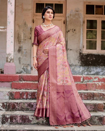 Elegant Pink Banarasi Silk Saree with Floral Zari Weaving and Tassel-Embellished Pallu