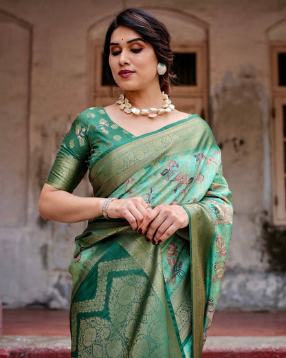 Graceful Green Banarasi Silk Saree with Intricate Floral and Elephant Weaves