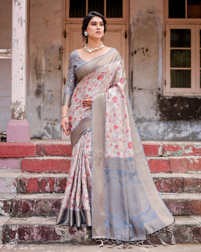 Elegant Grey Banarasi Silk Saree with Intricate Floral Design and Zari Weave