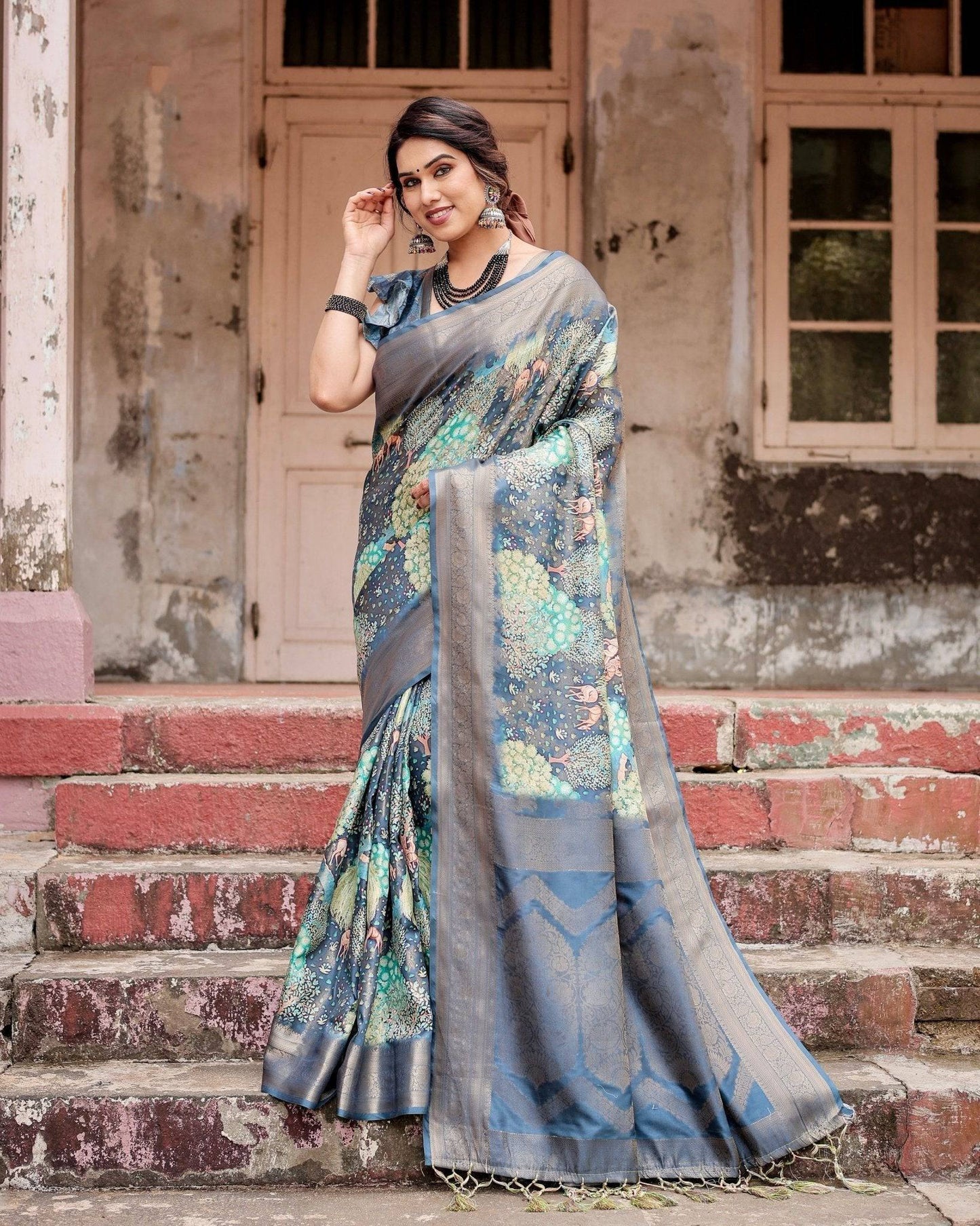 Graceful Navy Blue Banarasi Silk Saree with Nature-Inspired Digital Prints and Elegant Zari Woven Border