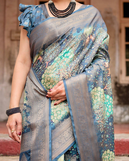 Graceful Navy Blue Banarasi Silk Saree with Nature-Inspired Digital Prints and Elegant Zari Woven Border