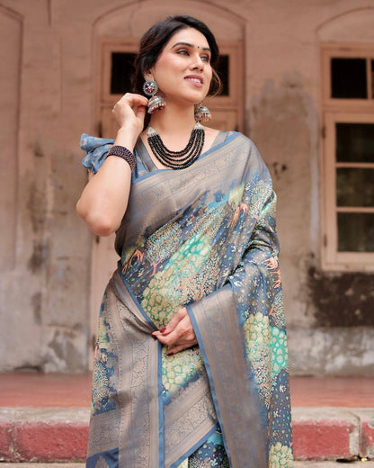 Graceful Navy Blue Banarasi Silk Saree with Nature-Inspired Digital Prints and Elegant Zari Woven Border