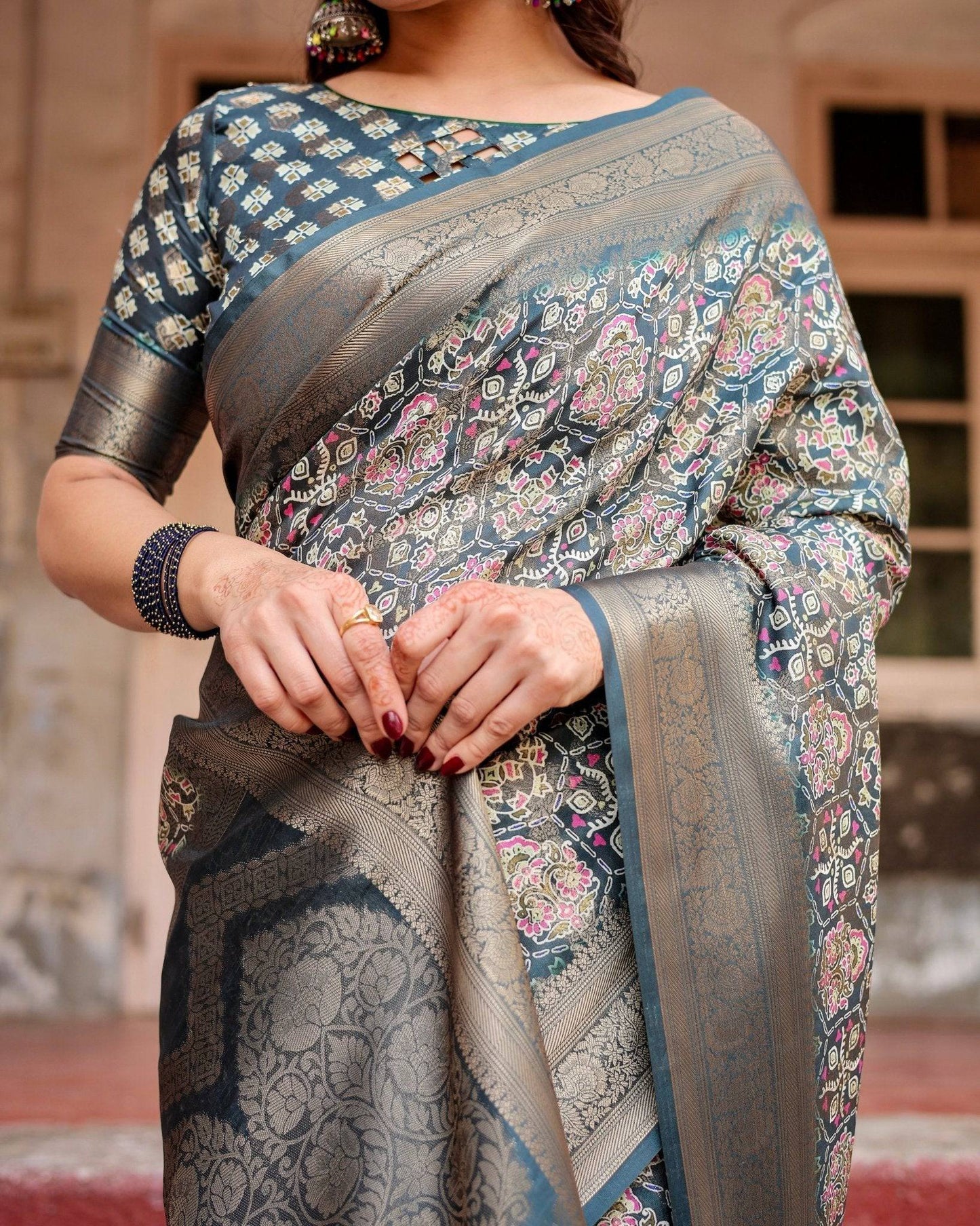 Elegant Blue and Grey Banarasi Silk Saree with Intricate Floral Patterns, Zari Woven Borders, and Tassel Accents