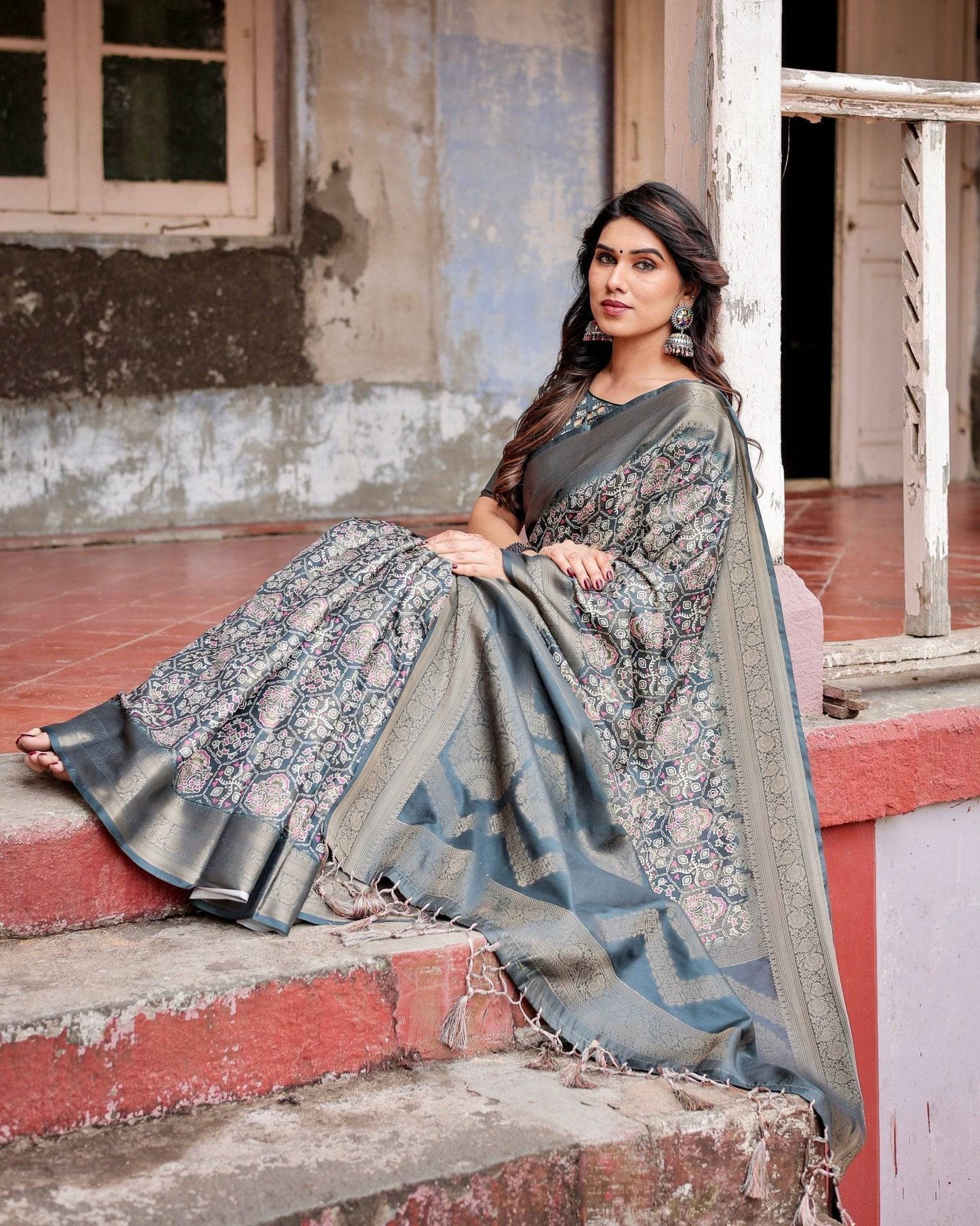 Elegant Blue and Grey Banarasi Silk Saree with Intricate Floral Patterns, Zari Woven Borders, and Tassel Accents