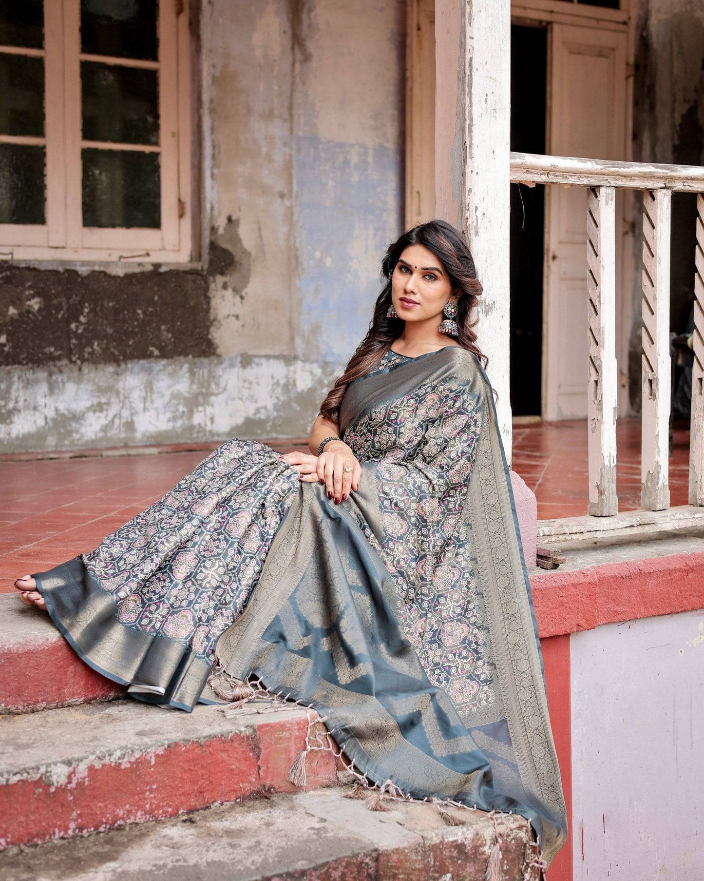 Elegant Blue and Grey Banarasi Silk Saree with Intricate Floral Patterns, Zari Woven Borders, and Tassel Accents