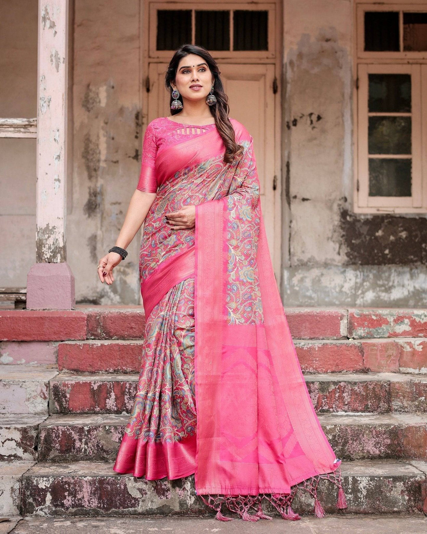 Elegant Pink Banarasi Silk Saree with Paisley Design, Zari Weaving, and Tassels