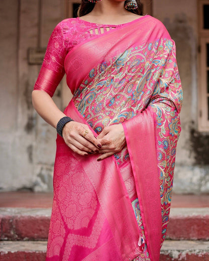 Elegant Pink Banarasi Silk Saree with Paisley Design, Zari Weaving, and Tassels