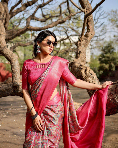 Elegant Pink Banarasi Silk Saree with Paisley Design, Zari Weaving, and Tassels