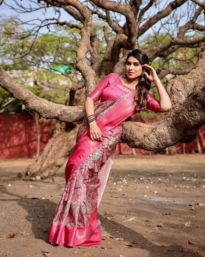 Elegant Pink Banarasi Silk Saree with Paisley Design, Zari Weaving, and Tassels