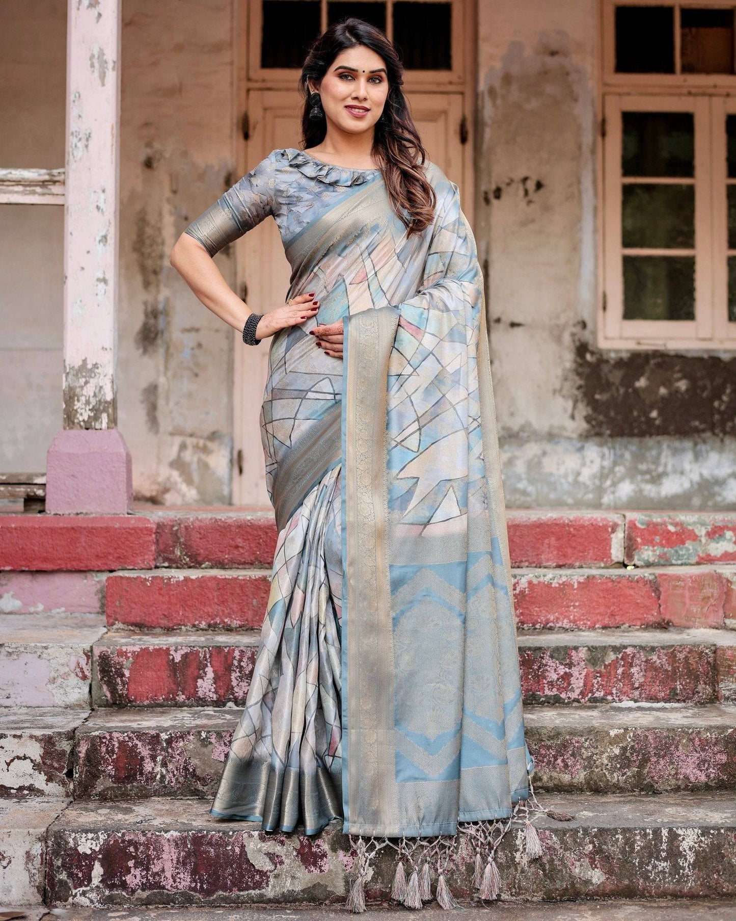 Elegant Pastel Blue Banarasi Silk Saree with Intricate Geometric Design and Zari Work Tassel Pallu