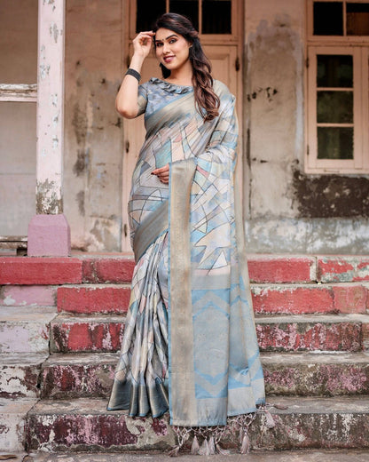 Elegant Pastel Blue Banarasi Silk Saree with Intricate Geometric Design and Zari Work Tassel Pallu