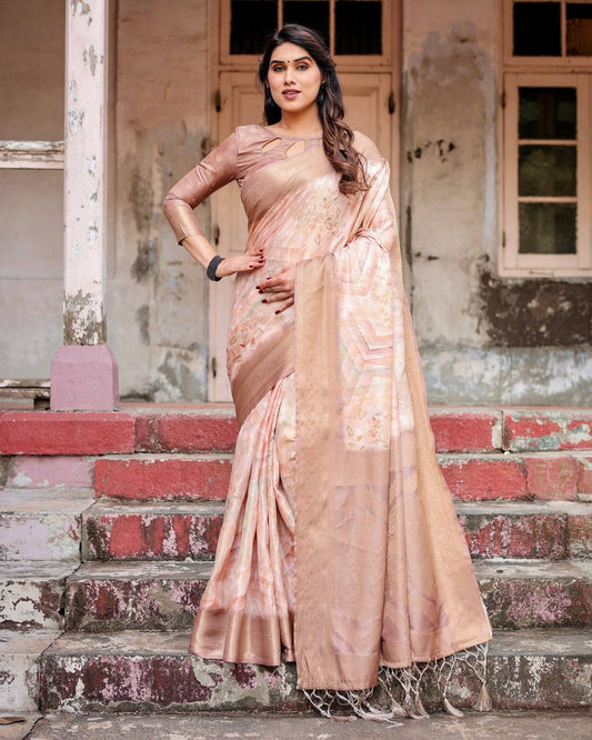 Elegant Beige Banarasi Silk Saree with Tassels and Zari Work