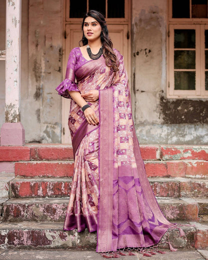 Exquisite Lavender Banarasi Silk Saree with Zari Weave and Tassels