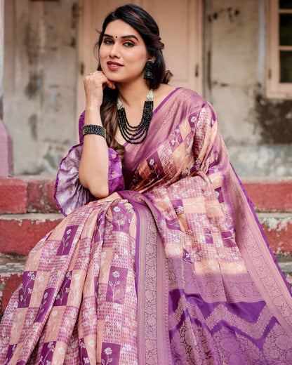 Exquisite Lavender Banarasi Silk Saree with Zari Weave and Tassels