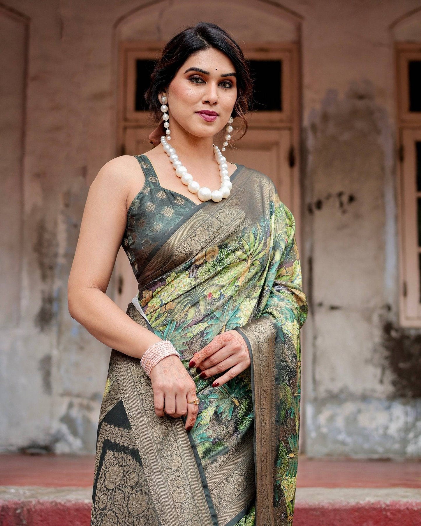 Green Banarasi Silk Saree with Lush Botanical Digital Print & Intricate Zari Border