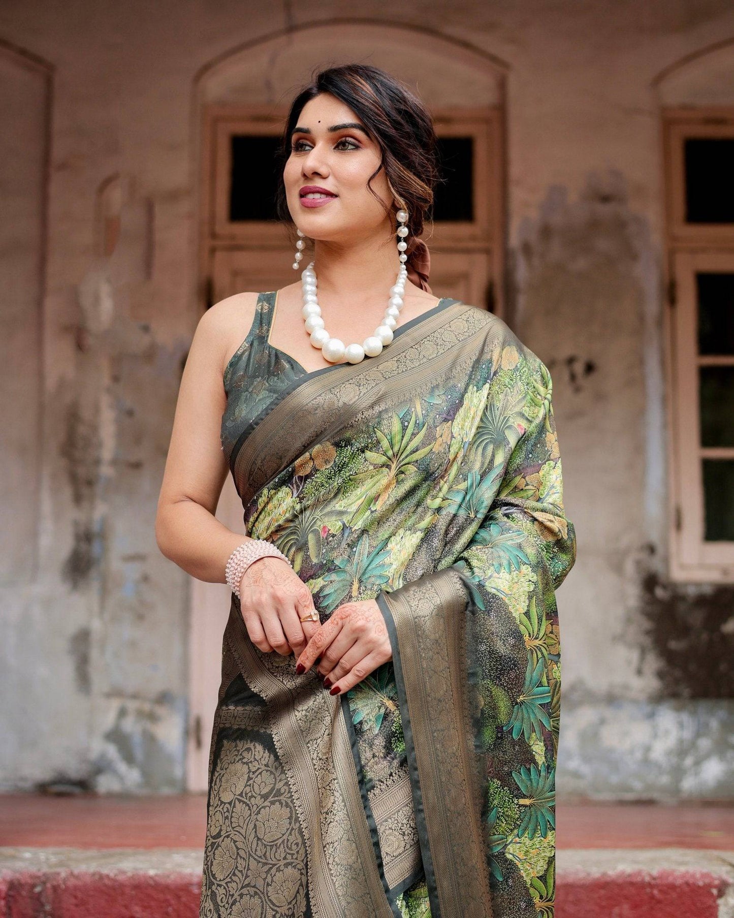 Green Banarasi Silk Saree with Lush Botanical Digital Print & Intricate Zari Border