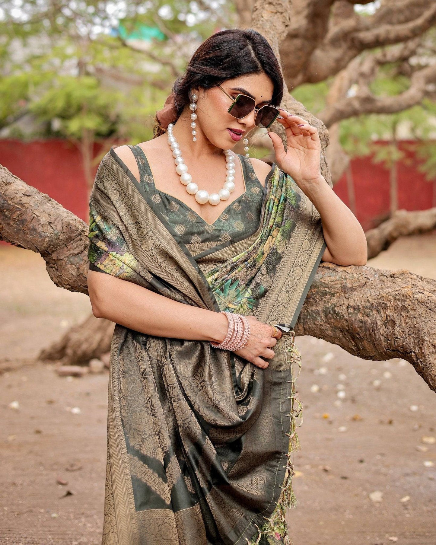 Green Banarasi Silk Saree with Lush Botanical Digital Print & Intricate Zari Border