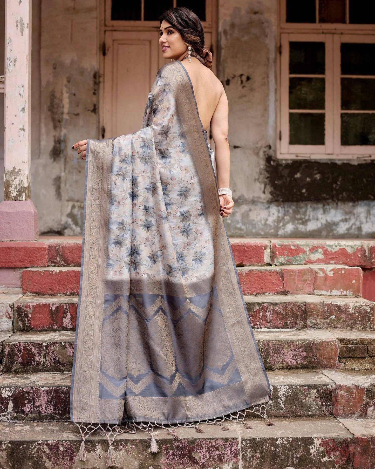 Grey Banarasi Silk Saree with Abstract Floral Print, Zari Border & Tassel Detailing