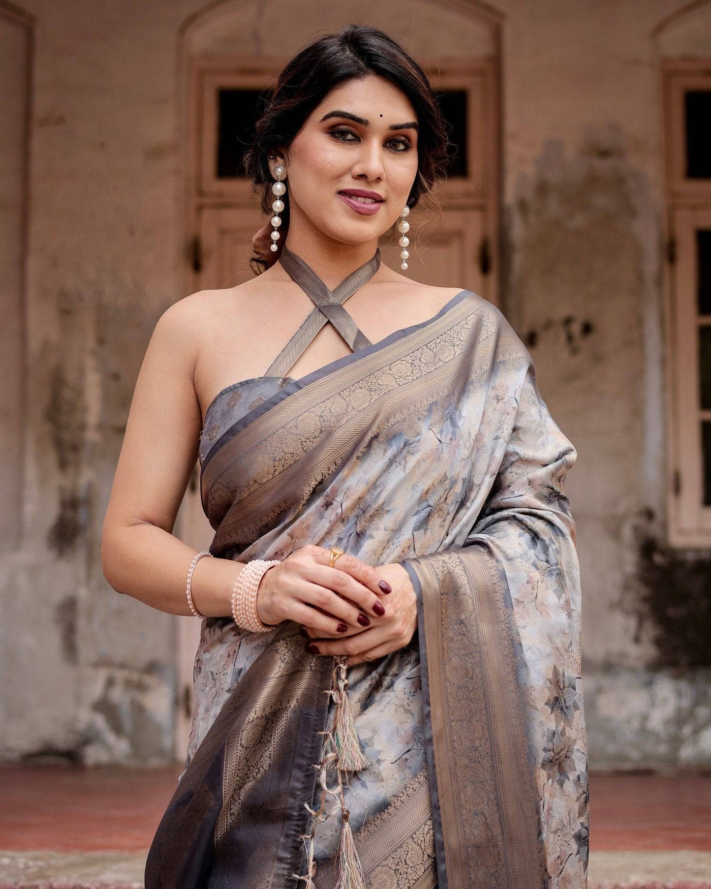 Grey Banarasi Silk Saree with Abstract Floral Print, Zari Border & Tassel Detailing