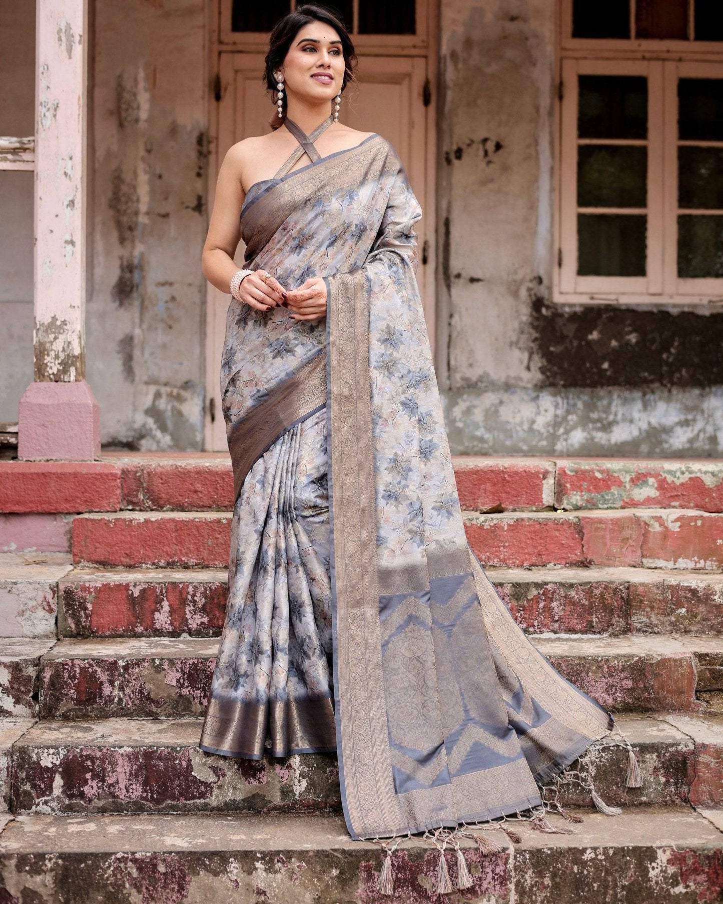 Grey Banarasi Silk Saree with Abstract Floral Print, Zari Border & Tassel Detailing