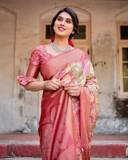 Graceful Peach and Pink Banarasi Silk Saree with Zari Weave and Tassels