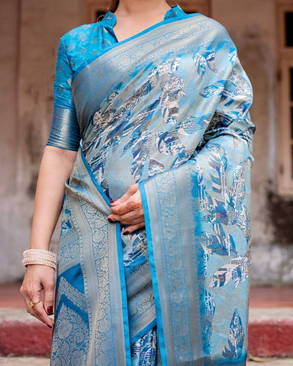 Aqua Blue Banarasi Silk Saree with Zari Border, Floral Motifs, and Tassels