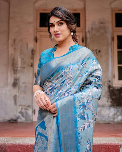 Aqua Blue Banarasi Silk Saree with Zari Border, Floral Motifs, and Tassels