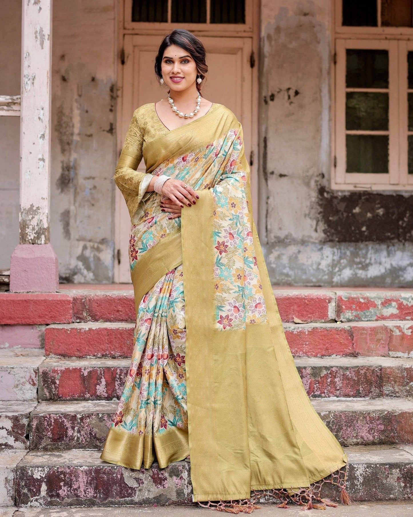 Golden Yellow Banarasi Silk Saree with Multicolor Floral Print and Zari Border