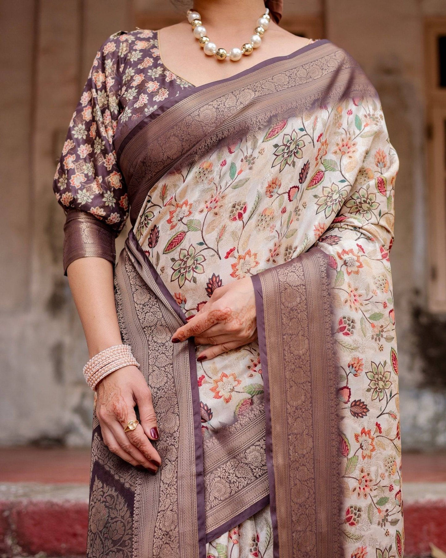 Ivory Banarasi Silk Saree with Plum Zari Border, Floral Print, and Tassels