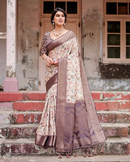 Ivory Banarasi Silk Saree with Plum Zari Border, Floral Print, and Tassels