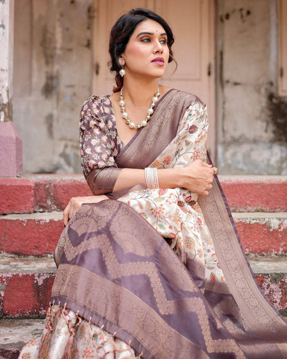 Ivory Banarasi Silk Saree with Plum Zari Border, Floral Print, and Tassels