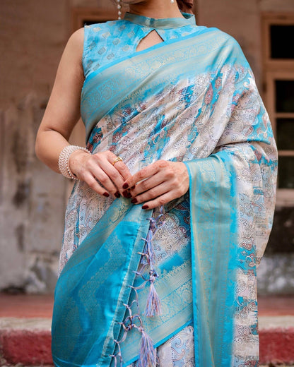 Sky Blue Banarasi Silk Saree with Paisley Digital Print, Zari Border & Tassel Details