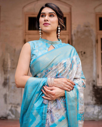 Sky Blue Banarasi Silk Saree with Paisley Digital Print, Zari Border & Tassel Details