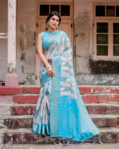 Sky Blue Banarasi Silk Saree with Paisley Digital Print, Zari Border & Tassel Details